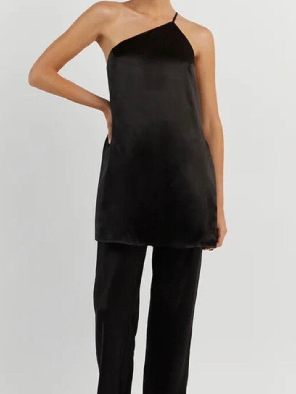 DISSH Rio Black One-Shoulder Satin Tunic Top